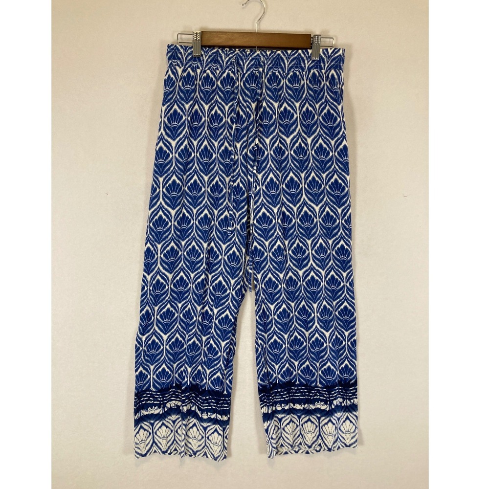 Boho Mlle Gabrielle Women Medium Blue White Ikat Wide Leg Drawstring Rayon Pants